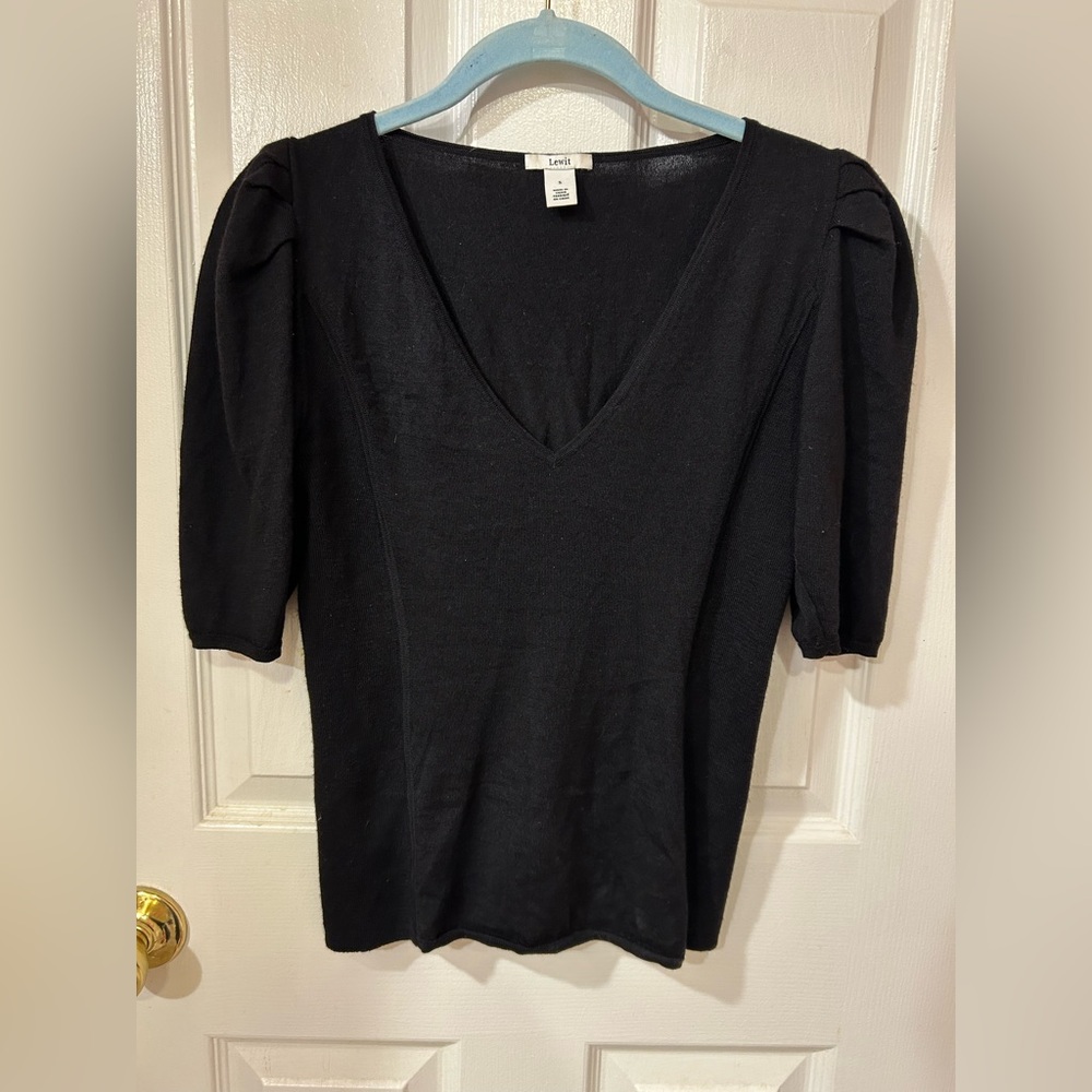 Lewit Merino Wool and Silk Puff Sleeve Short Sleeve V Neck Sweater Top - Size S